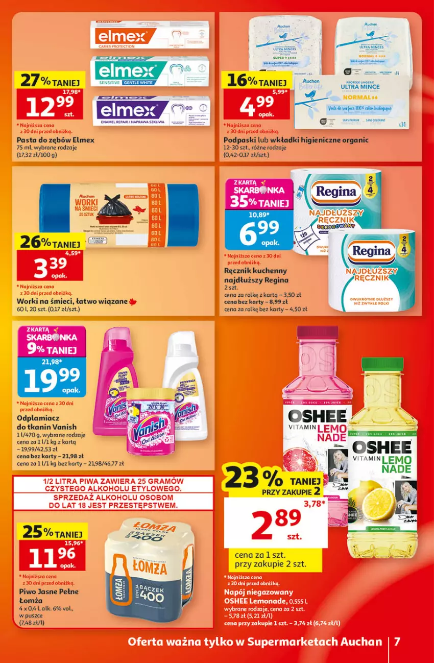 Gazetka promocyjna Auchan - Gazetka 30 Lat Supermarket Auchan - ważna 10.09 do 16.09.2026 - strona 7 - produkty: Elmex, Fa, Gin, Koc, Mus, Odplamiacz, Pasta do zębów, Piwo, Piwo jasne, Podpaski, Ręcznik, Ręcznik kuchenny, Vanish, Wkładki, Worki na śmiec, Worki na śmieci
