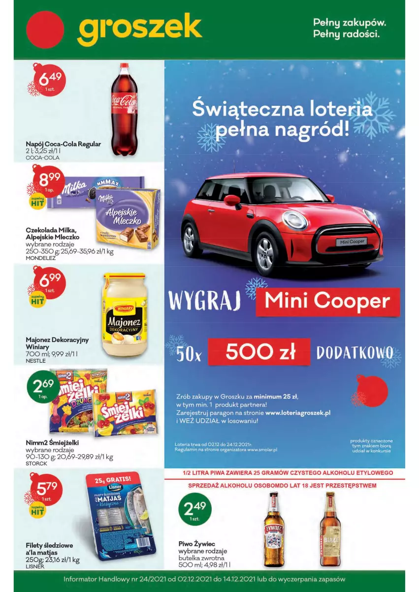 Gazetka promocyjna Groszek - Gazetka - ważna 02.12 do 14.12.2021 - strona 1 - produkty: Coca-Cola, Czekolada, Gra, Lisner, Majonez, Matjas, Milka, Mleczko, Napój, Nimm2, Piwa, Piwo, Winiary