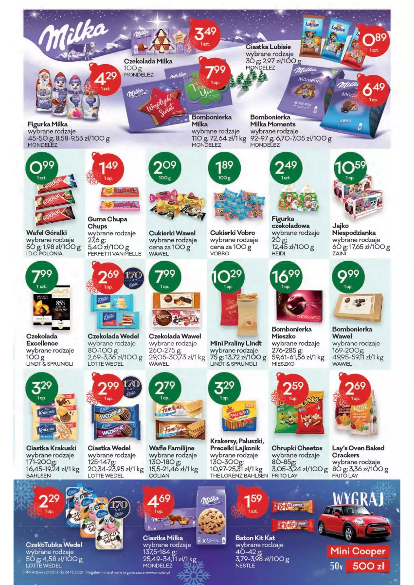 Gazetka promocyjna Groszek - Gazetka - ważna 02.12 do 14.12.2021 - strona 9 - produkty: Cheetos, Chrupki, Ciastka, Cukier, Cukierki, Czekolada, Fa, Góralki, Krakersy, Krakus, Krakuski, Lajkonik, Lindt, Lorenz, Milka, Mola, Moments, NBA, Praliny, Precelki, Wafle, Wawel