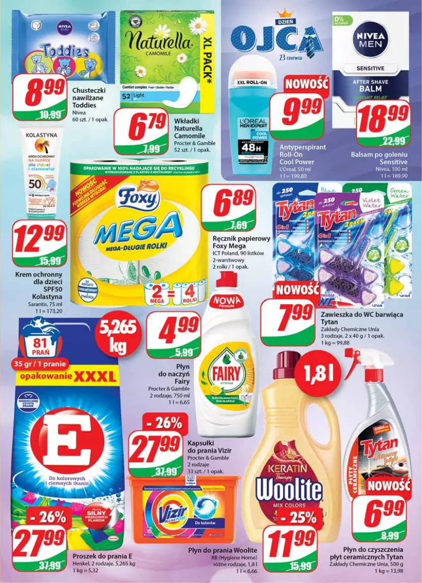 Gazetka promocyjna Dino - Gazetka - ważna 22.06 do 28.06.2022 - strona 23 - produkty: Antyperspirant, Chusteczki, Fa, Fairy, Foxy, Naturell, Naturella, Nivea, Papier, Płyn do prania, Proszek do prania, Ręcznik, Rolki, Tytan, Vizir, Wkładki, Woolite, Zawieszka do wc