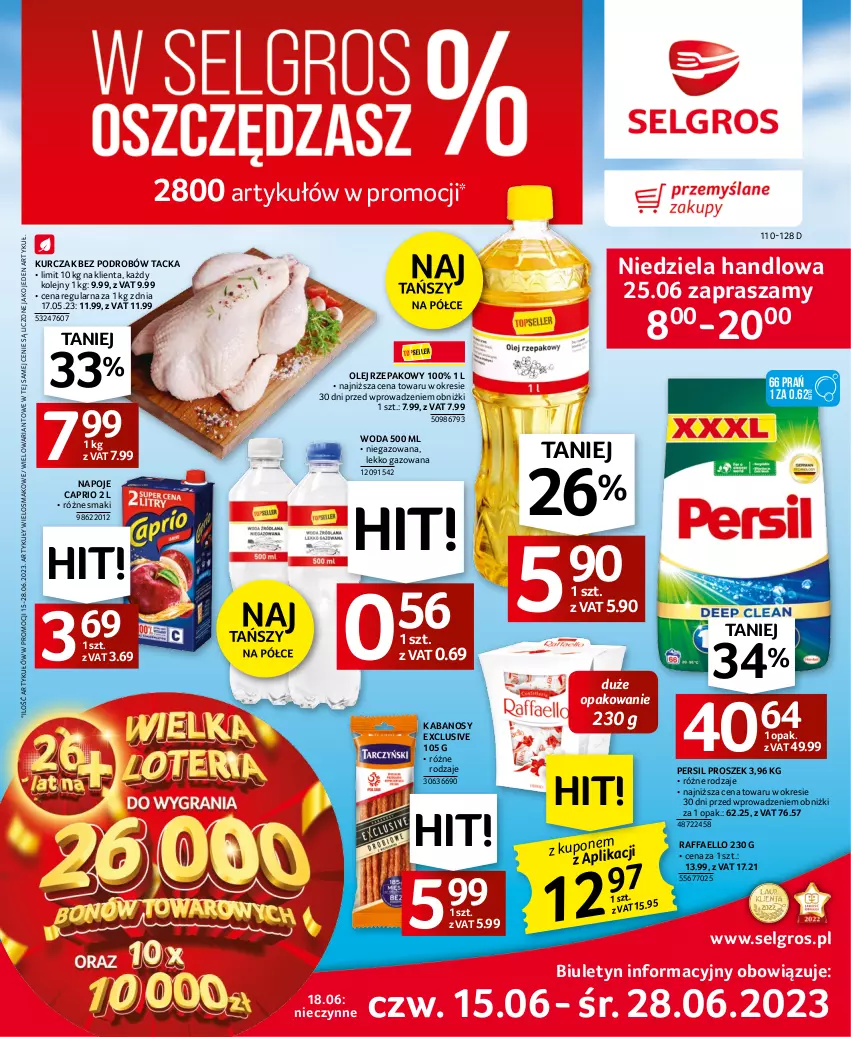 Gazetka promocyjna Selgros - Oferta spożywcza - ważna 15.06 do 28.06.2023 - strona 1 - produkty: Fa, Kabanos, Kurczak, LG, Napoje, Olej, Olej rzepakowy, Persil, Raffaello, Woda