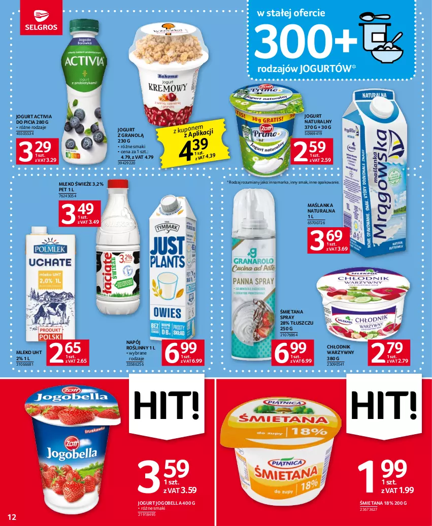 Gazetka promocyjna Selgros - Oferta spożywcza - ważna 15.06 do 28.06.2023 - strona 12 - produkty: Activia, Bell, Bella, Gra, Jogobella, Jogurt, Jogurt naturalny, Maślanka, Mleko, Napój, Napój roślinny