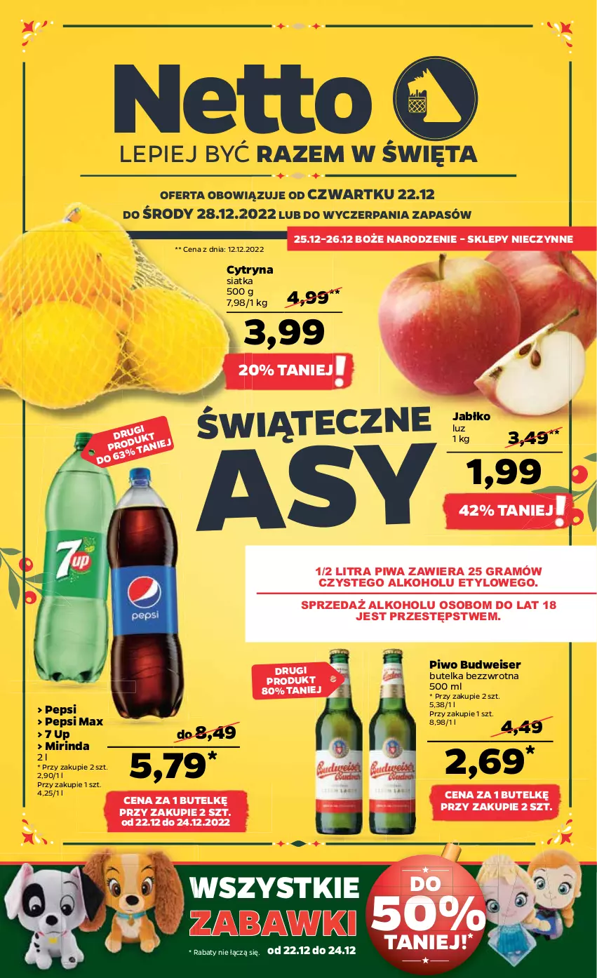 Gazetka promocyjna Netto - Artykuły spożywcze - ważna 22.12 do 28.12.2022 - strona 1 - produkty: Gra, Mirinda, Pepsi, Pepsi max, Piwa, Piwo, Ser, Siatka