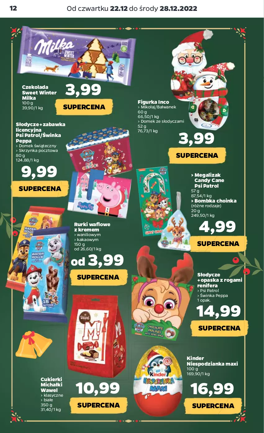 Gazetka promocyjna Netto - Artykuły spożywcze - ważna 22.12 do 28.12.2022 - strona 12 - produkty: Candy, Choinka, Cukier, Cukierki, Czekolada, Inka, Kakao, Kinder, Michałki, Milka, Opaska, Psi Patrol, Renifer, Rurki, Wawel, Zabawka