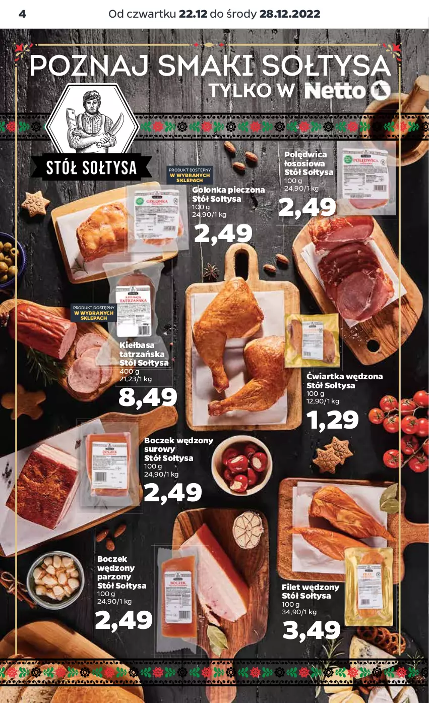 Gazetka promocyjna Netto - Artykuły spożywcze - ważna 22.12 do 28.12.2022 - strona 4 - produkty: Boczek, Golonka pieczona, Kiełbasa, Piec, Polędwica, Sos, Stół