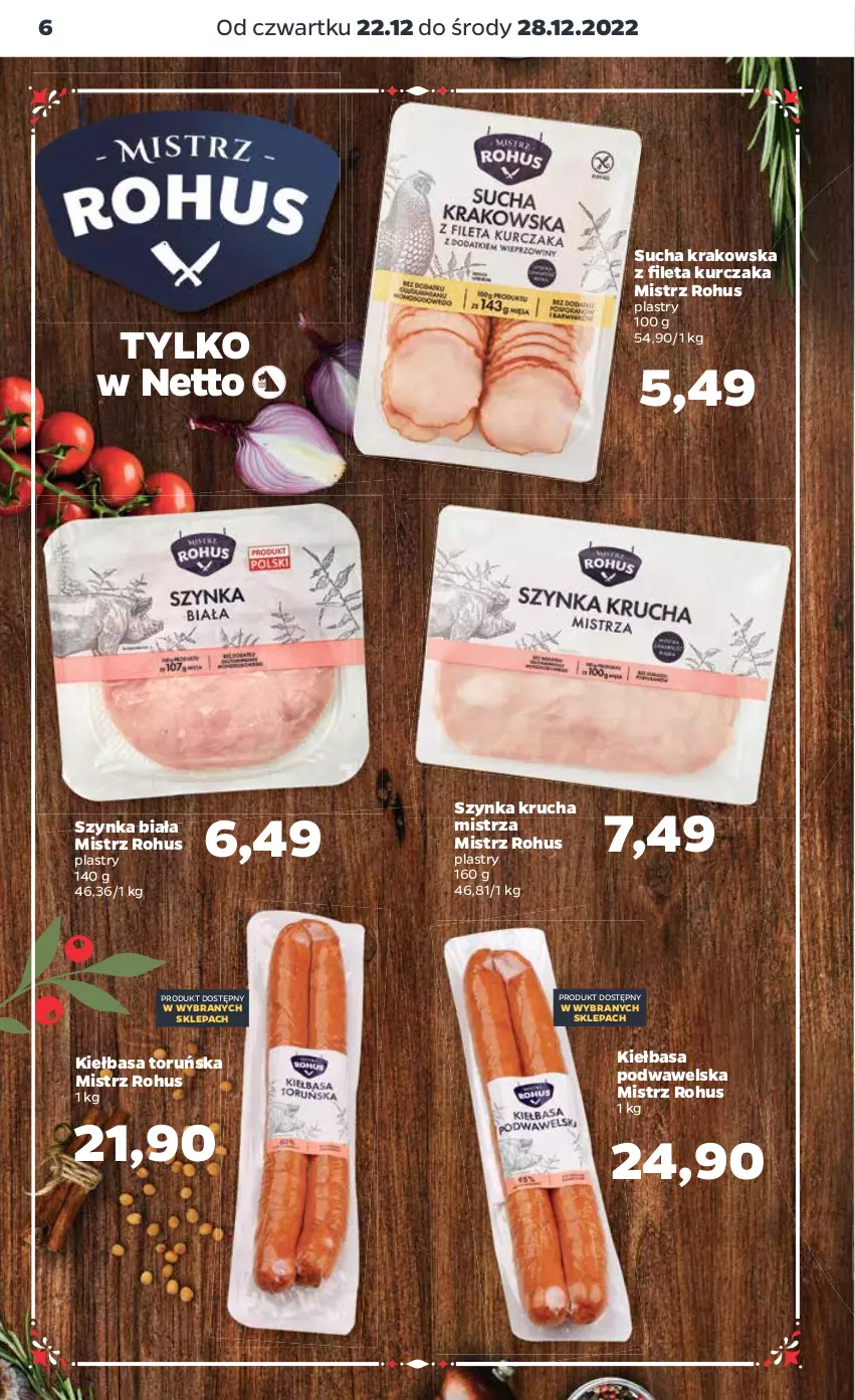 Gazetka promocyjna Netto - Artykuły spożywcze - ważna 22.12 do 28.12.2022 - strona 6 - produkty: Kiełbasa, Kiełbasa podwawelska, Kurczak, Szynka, Szynka biała, Wawel