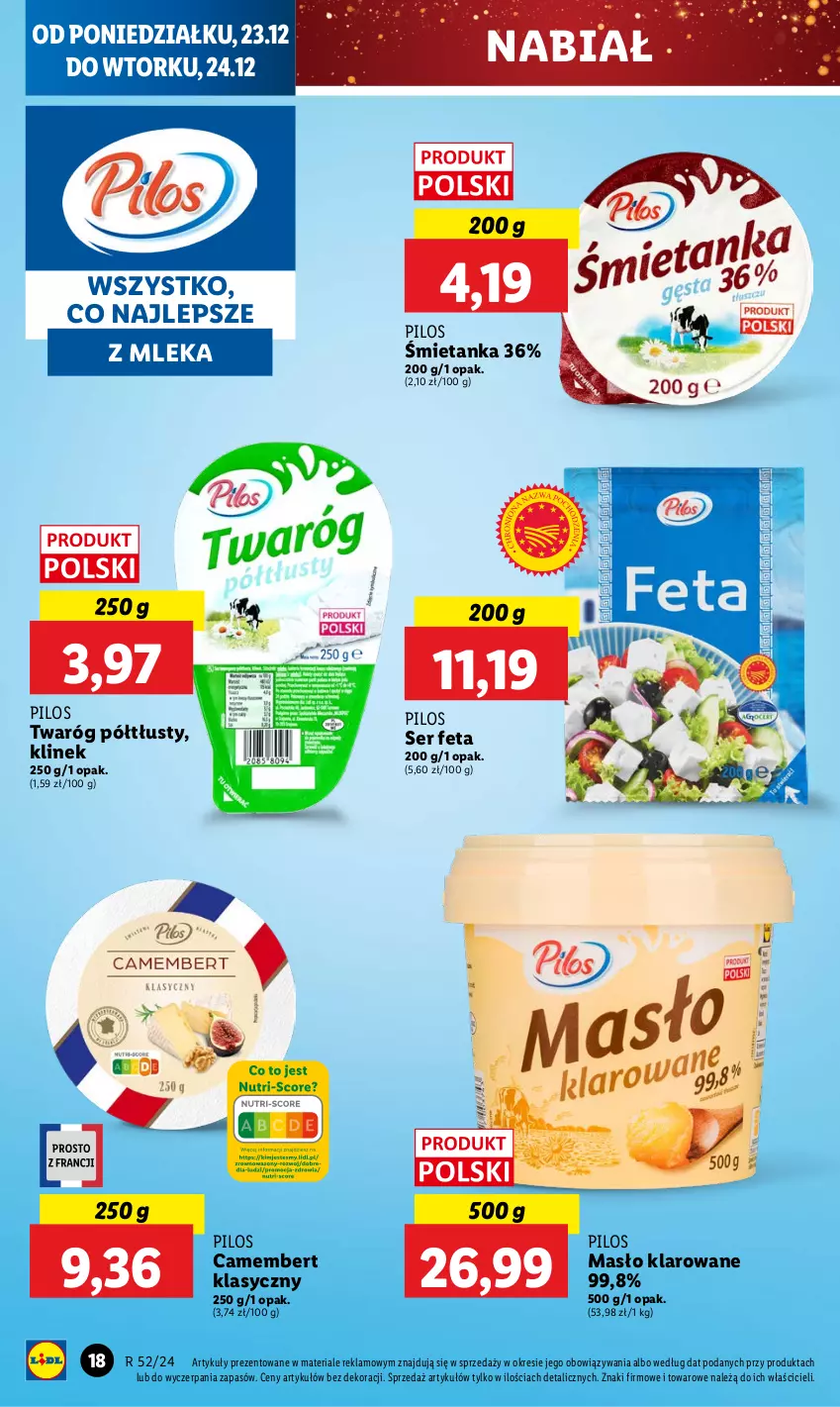 Gazetka promocyjna Lidl - GAZETKA - ważna 23.12 do 24.12.2024 - strona 22 - produkty: Camembert, Feta, Masło, Masło klarowane, Pilos, Ser, Twaróg, Twaróg półtłusty