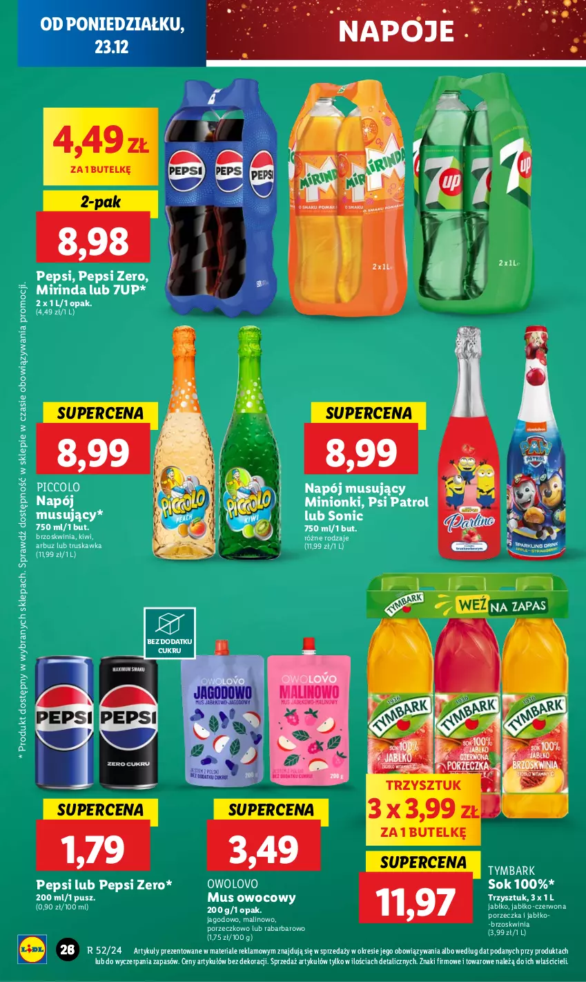 Gazetka promocyjna Lidl - GAZETKA - ważna 23.12 do 24.12.2024 - strona 34 - produkty: 7up, Arbuz, Kiwi, Mirinda, Mus, Napój, Napój musujący, Napoje, Pepsi, Por, Psi Patrol, Sok, Tymbark