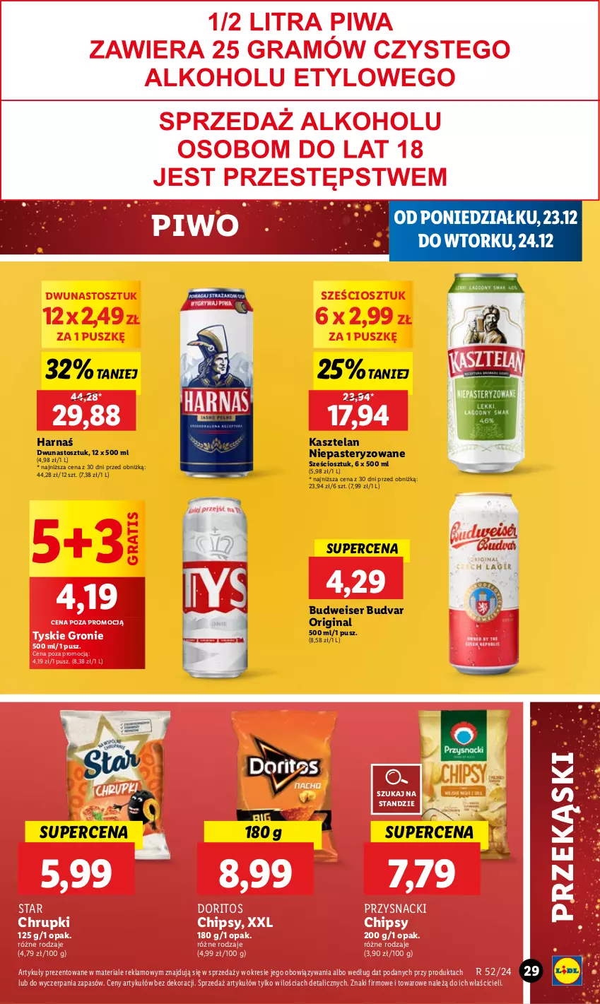 Gazetka promocyjna Lidl - GAZETKA - ważna 23.12 do 24.12.2024 - strona 35 - produkty: Chipsy, Chrupki, Gin, Gra, Harnaś, Kasztelan, Piwo, Przysnacki, Ser, Tyskie