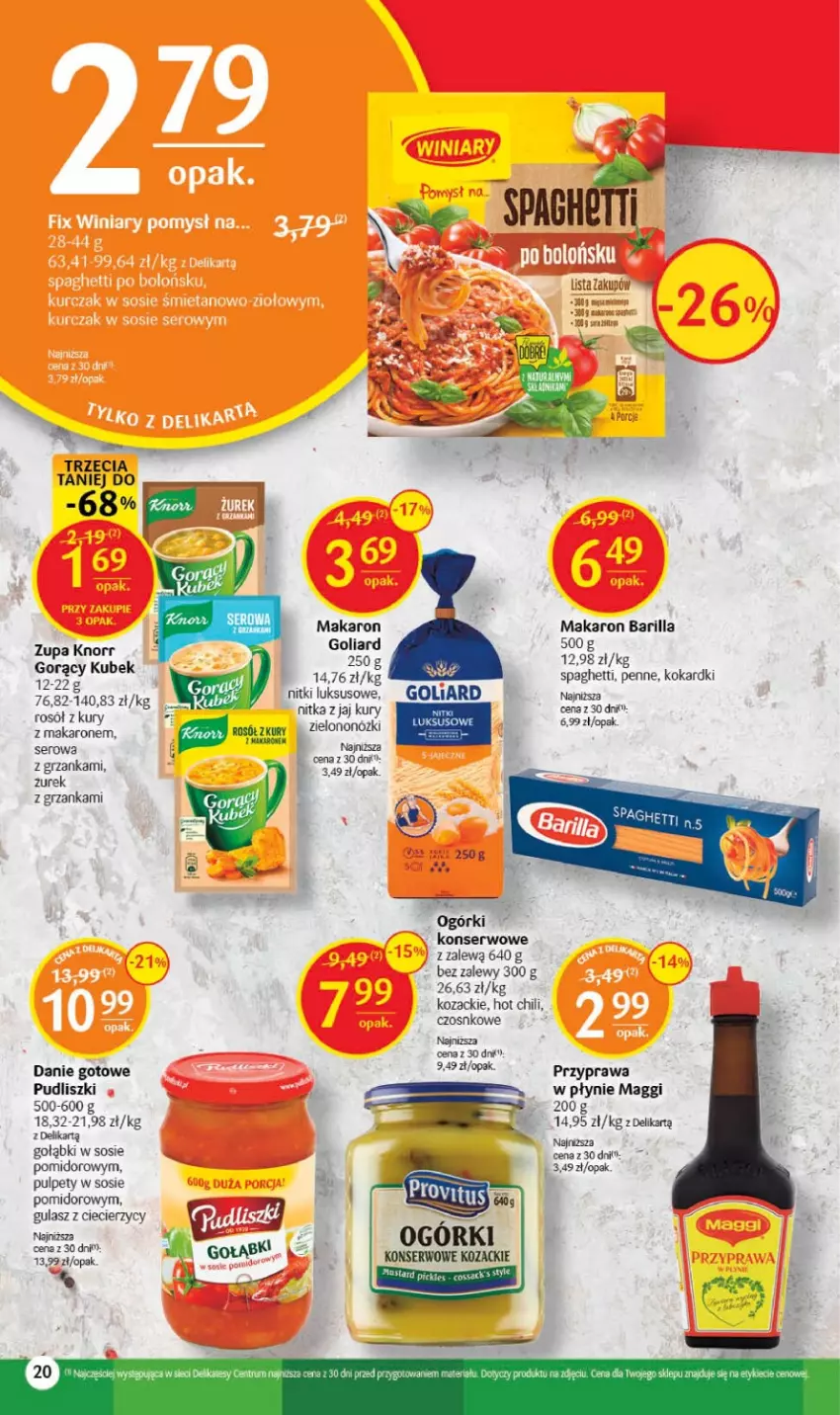 Gazetka promocyjna Delikatesy Centrum - Gazetka DC14 - ważna 11.04 do 19.04.2023 - strona 20 - produkty: Barilla, Danie gotowe, Goliard, Knorr, Kubek, Maggi, Makaron, Ogórki konserwowe, Penne, Pudliszki, Pulpety, Rosół, Rum, Ser, Sos, Spaghetti, Zupa