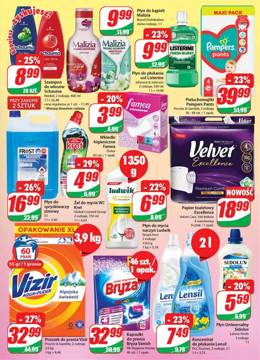 Gazetka promocyjna Dino - Gazetka - ważna 05.10 do 11.10.2022 - strona 23 - produkty: Bryza, Fa, Kret, Listerine, Ludwik, Majtki, Malizia, Pampers, Papier, Papier toaletowy, Pieluchomajtki, Płyn do kąpieli, Płyn do mycia, Płyn do płukania, Proszek do prania, Schauma, Sidolux, Szampon, Vanish, Velvet, Vizir, Wkładki