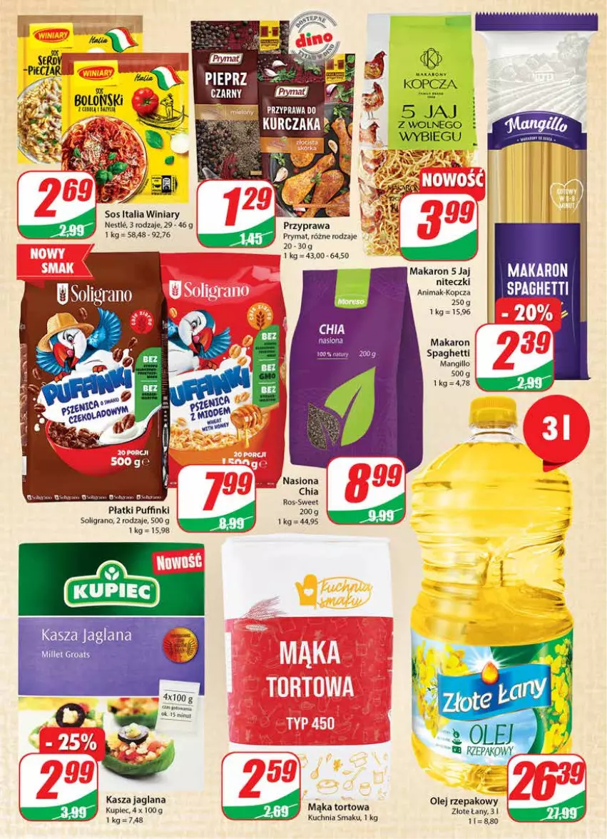 Gazetka promocyjna Dino - Gazetka - ważna 05.10 do 11.10.2022 - strona 7 - produkty: Chia, Gra, Kasza, Kasza jaglana, Kuchnia, Kupiec, LANA, Mąka, Mąka tortowa, Makaron, Olej, Olej rzepakowy, Piec, Pieprz, Por, Prymat, Puf, Soligrano, Sos, Spaghetti, Winiary