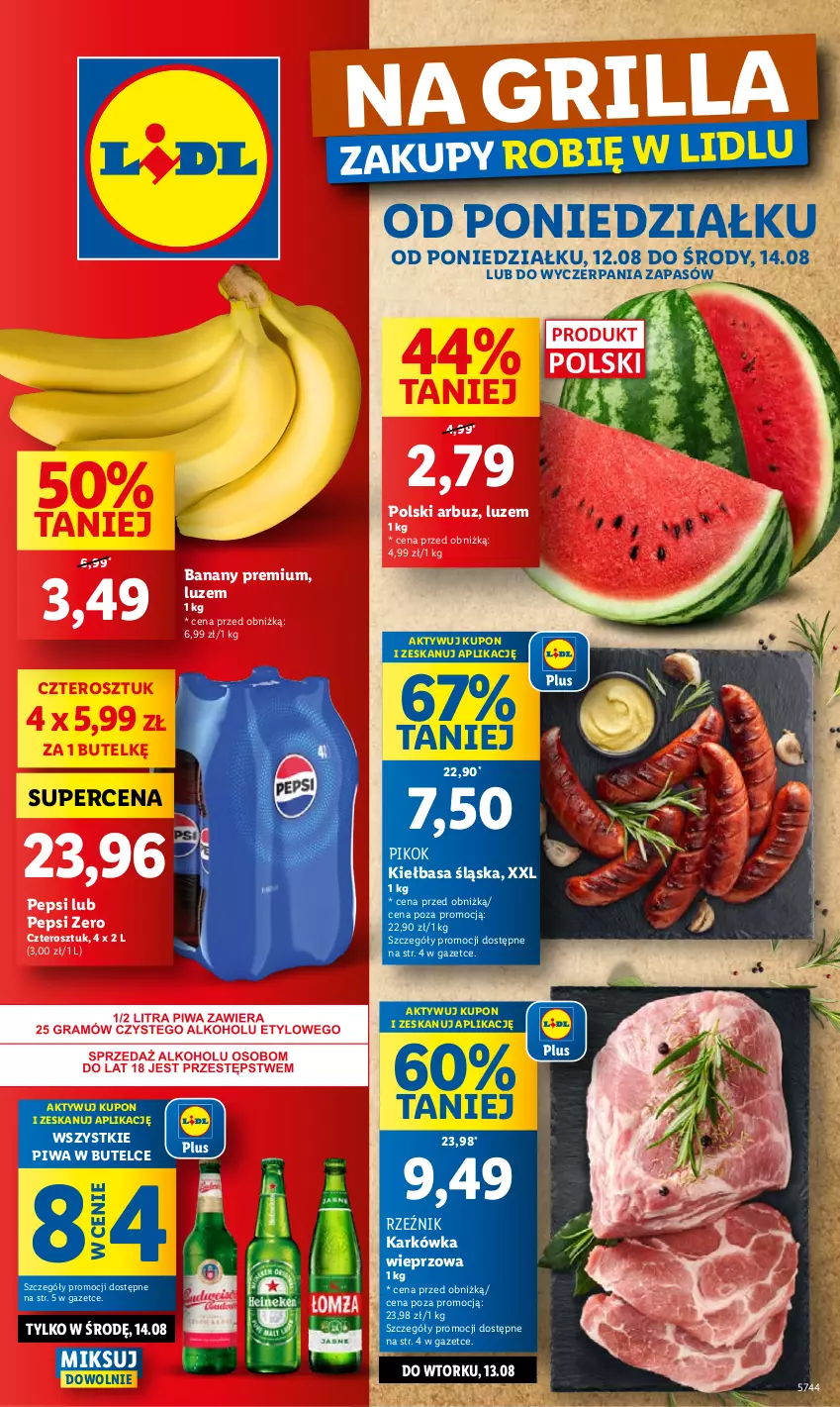 Gazetka promocyjna Lidl - GAZETKA - ważna 12.08 do 14.08.2024 - strona 1 - produkty: Arbuz, Banany, Karkówka wieprzowa, Kiełbasa, Kiełbasa śląska, Pepsi, PIKOK, Piwa