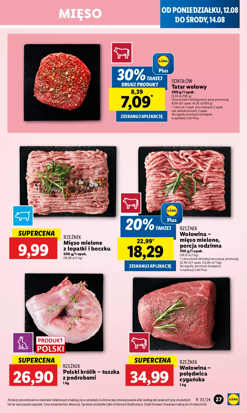 Gazetka promocyjna Lidl - GAZETKA - ważna 12.08 do 14.08.2024 - strona 33 - produkty: Królik, Mięso, Mięso mielone, Polędwica, Por, Sok, Sokołów, Tatar wołowy, Tusz, Wołowina