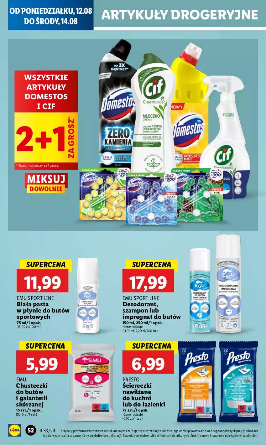 Gazetka promocyjna Lidl - GAZETKA - ważna 12.08 do 14.08.2024 - strona 60 - produkty: Chusteczki, Cif, Dezodorant, Domestos, Gala, Por, Presto, Sport, Szampon