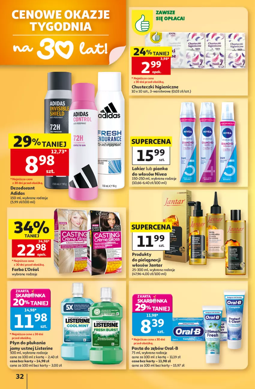 Gazetka promocyjna Auchan - Gazetka 30 Lat Hipermarket Auchan - ważna 03.09 do 09.09.2026 - strona 32 - produkty: Adidas, Chusteczki, Dezodorant, Fa, Lakier, Listerine, Nivea, Pasta do zębów, Płyn do płukania, Płyn do płukania jamy ustnej, Woda