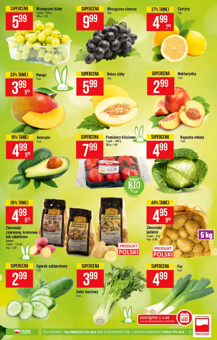 Gazetka promocyjna PoloMarket - Gazetka promocyjna  r - ważna 31.03 do 06.04.2021 - strona 5 - produkty: Avocado, Mango, Melon, Nektar, Nektarynka, Pomidory, Por, Sałat, Wino, Ziemniaki