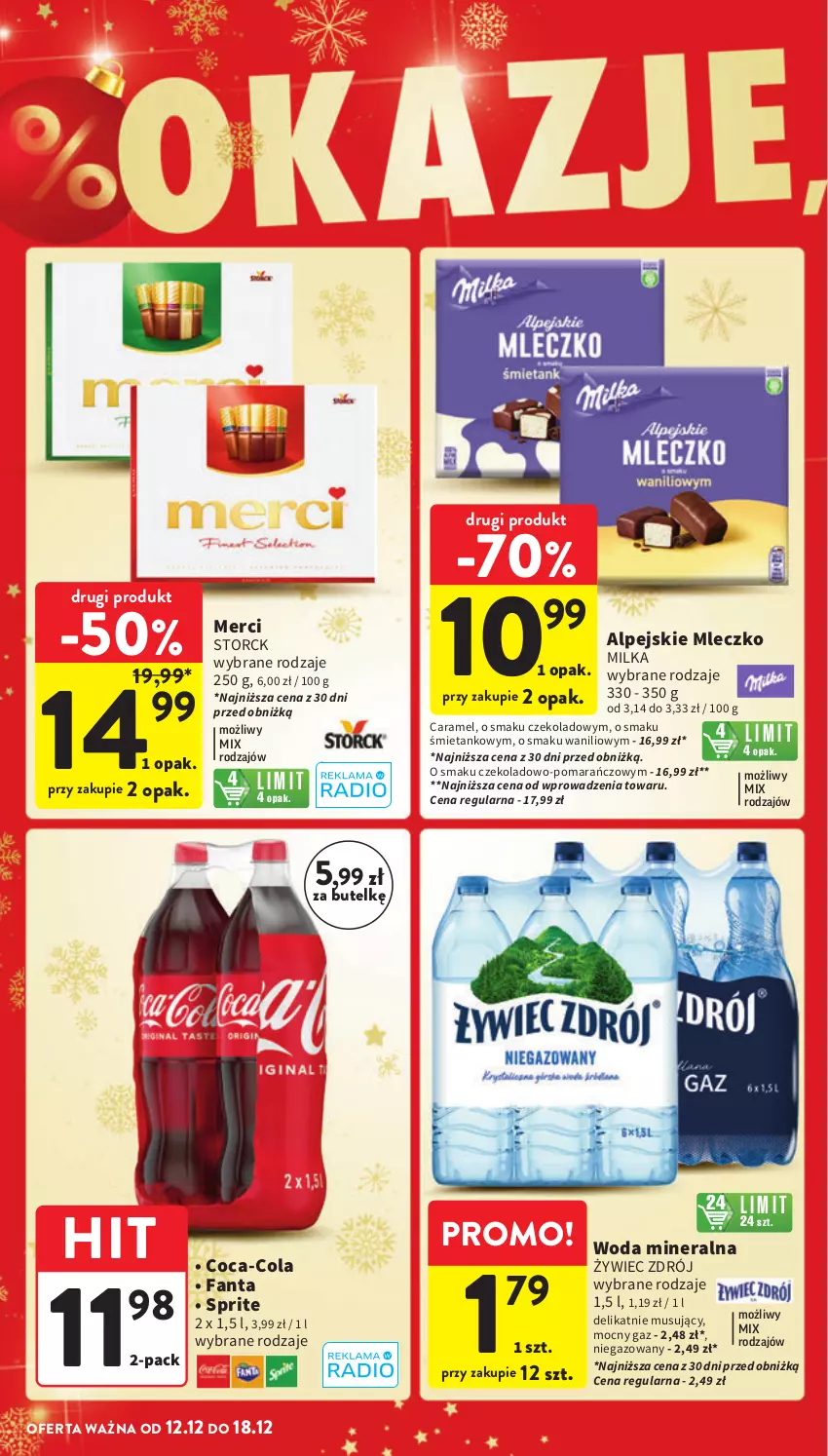 Gazetka promocyjna Intermarche - Gazetka Intermarche - ważna 12.12 do 18.12.2024 - strona 14 - produkty: Coca-Cola, Fa, Fanta, Merci, Milka, Mleczko, Mus, Sprite, Woda, Woda mineralna