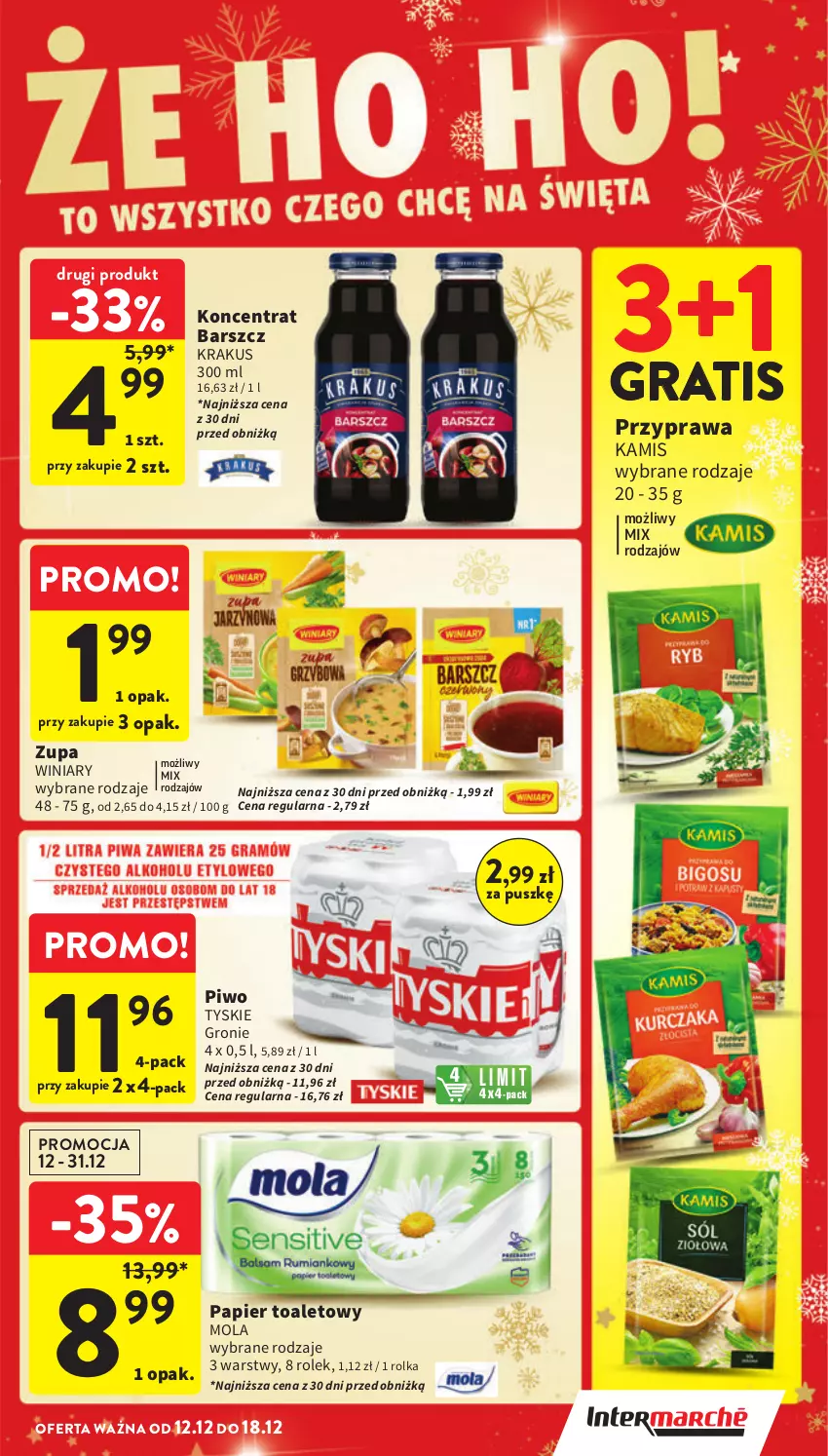 Gazetka promocyjna Intermarche - Gazetka Intermarche - ważna 12.12 do 18.12.2024 - strona 15 - produkty: Gra, Kamis, Krakus, Mola, Papier, Papier toaletowy, Piwo, Tyskie, Winiary, Zupa