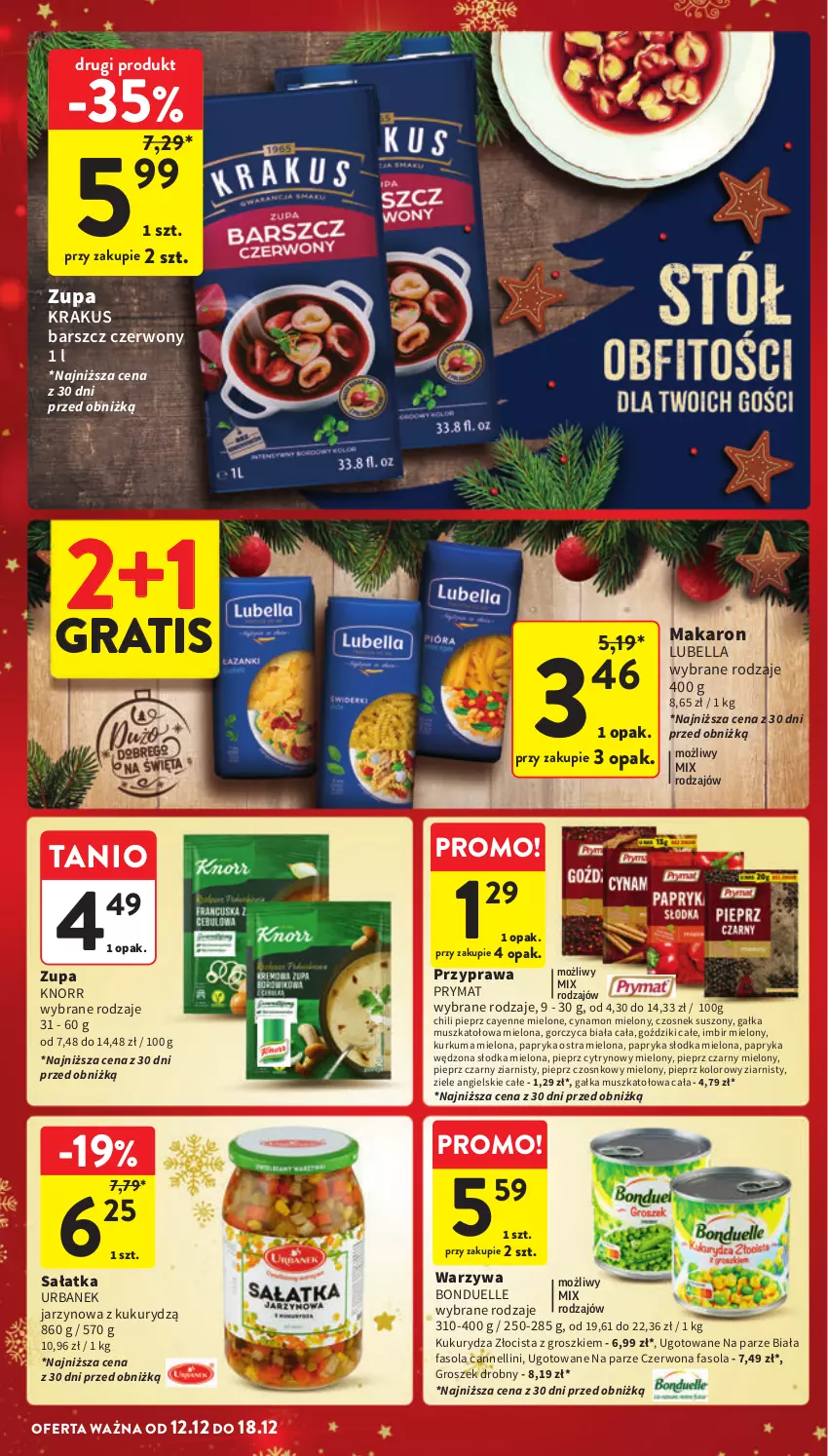 Gazetka promocyjna Intermarche - Gazetka Intermarche - ważna 12.12 do 18.12.2024 - strona 34 - produkty: Bell, Bella, Bonduelle, Czosnek, Fa, Fasola, Gałka, Gra, Groszek, Imbir, Knorr, Krakus, Kukurydza, Kurkuma, Lubella, Makaron, Mus, Papryka, Papryka słodka, Papryka wędzona, Pieprz, Prymat, Sałat, Sałatka, Warzywa, Ziele angielskie, Zupa