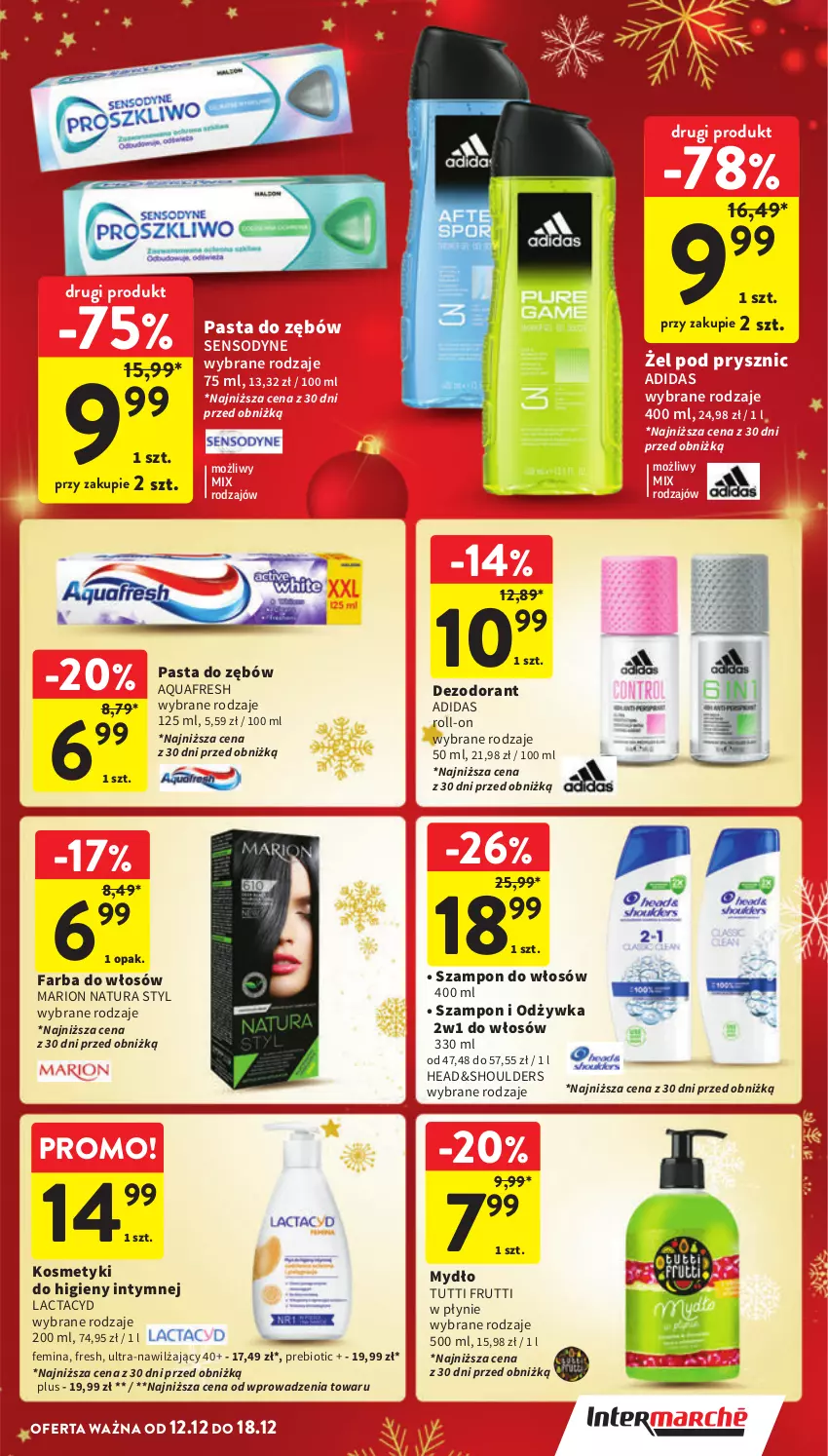 Gazetka promocyjna Intermarche - Gazetka Intermarche - ważna 12.12 do 18.12.2024 - strona 43 - produkty: Adidas, Aquafresh, Dezodorant, Fa, Farba do włosów, Lactacyd, Mydło, Odżywka, Pasta do zębów, Sensodyne, Szampon