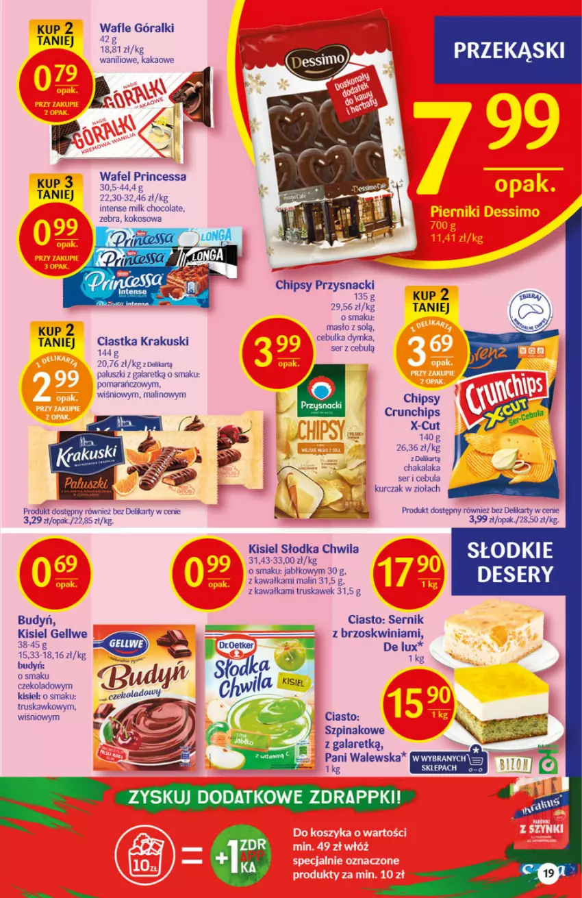 Gazetka promocyjna Delikatesy Centrum - Gazetka DC45 n. fresh - ważna 10.11 do 17.11.2021 - strona 19 - produkty: Budyń, Cebula, Chipsy, Ciastka, Crunchips, Deser, Gala, Góralki, Kakao, Kawa, Kisiel, Kokos, Krakus, Krakuski, Kurczak, Masło, Princessa, Przysnacki, Ser, Słodka Chwila, Szpinak, Wafle