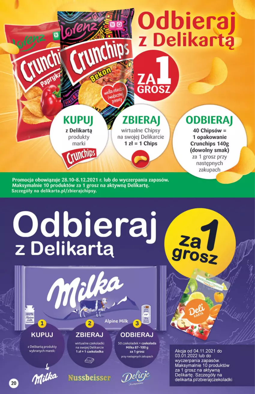 Gazetka promocyjna Delikatesy Centrum - Gazetka DC45 n. fresh - ważna 10.11 do 17.11.2021 - strona 20 - produkty: Chipsy, Crunchips, Czekolada, Milka