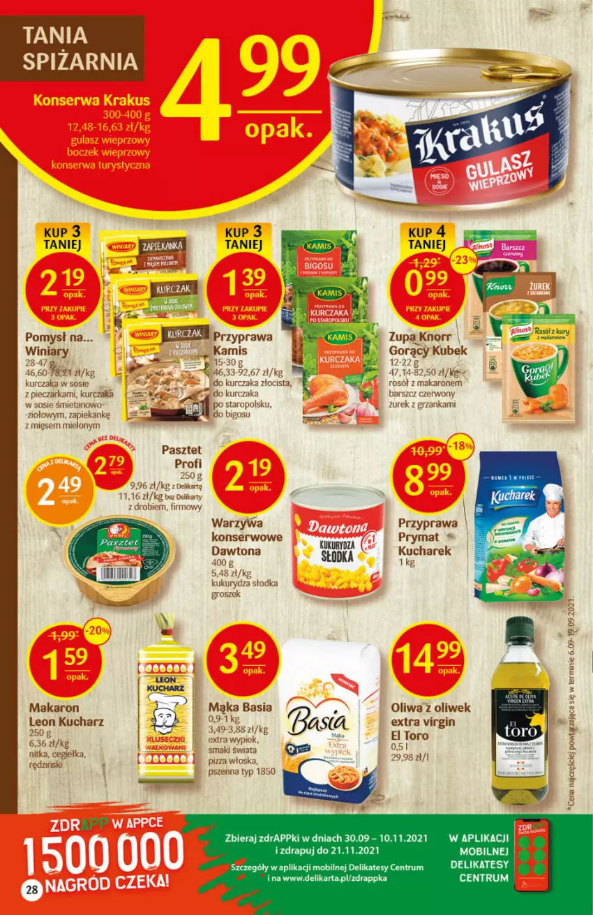 Gazetka promocyjna Delikatesy Centrum - Gazetka DC45 n. fresh - ważna 10.11 do 17.11.2021 - strona 28 - produkty: Basia, Bigos, Dawtona, Gin, Groszek, Kamis, Knorr, Kubek, Kucharek, Kukurydza, Kurczak, Leon, Mąka, Makaron, Mobil, Oliwa z oliwek, Pasztet, Piec, Pieczarka, Pizza, Prymat, Rosół, Rum, Ser, Sos, Warzywa, Winiary, Zupa