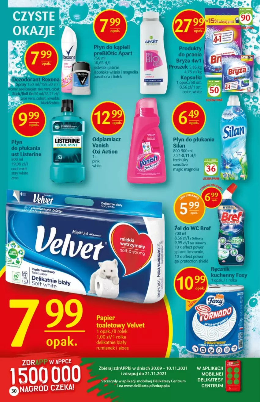 Gazetka promocyjna Delikatesy Centrum - Gazetka DC45 n. fresh - ważna 10.11 do 17.11.2021 - strona 30 - produkty: Aloe vera, Bref, Bryza, Dezodorant, Foxy, Lack, Listerine, Odplamiacz, Płyn do kąpieli, Płyn do płukania, Ręcznik, Ręcznik kuchenny, Rexona, Rum, Velvet