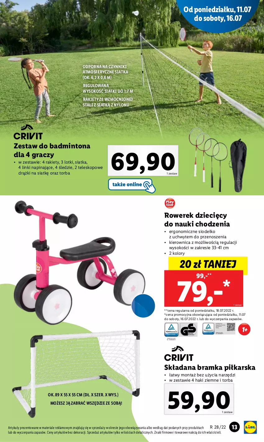 Gazetka promocyjna Lidl - GAZETKA - ważna 11.07 do 16.07.2022 - strona 13 - produkty: Bramka, Dzieci, Gra, Kierownica, Por, Ramka, Rower, Rowerek, Siatka, Sok, Teleskop, Torba