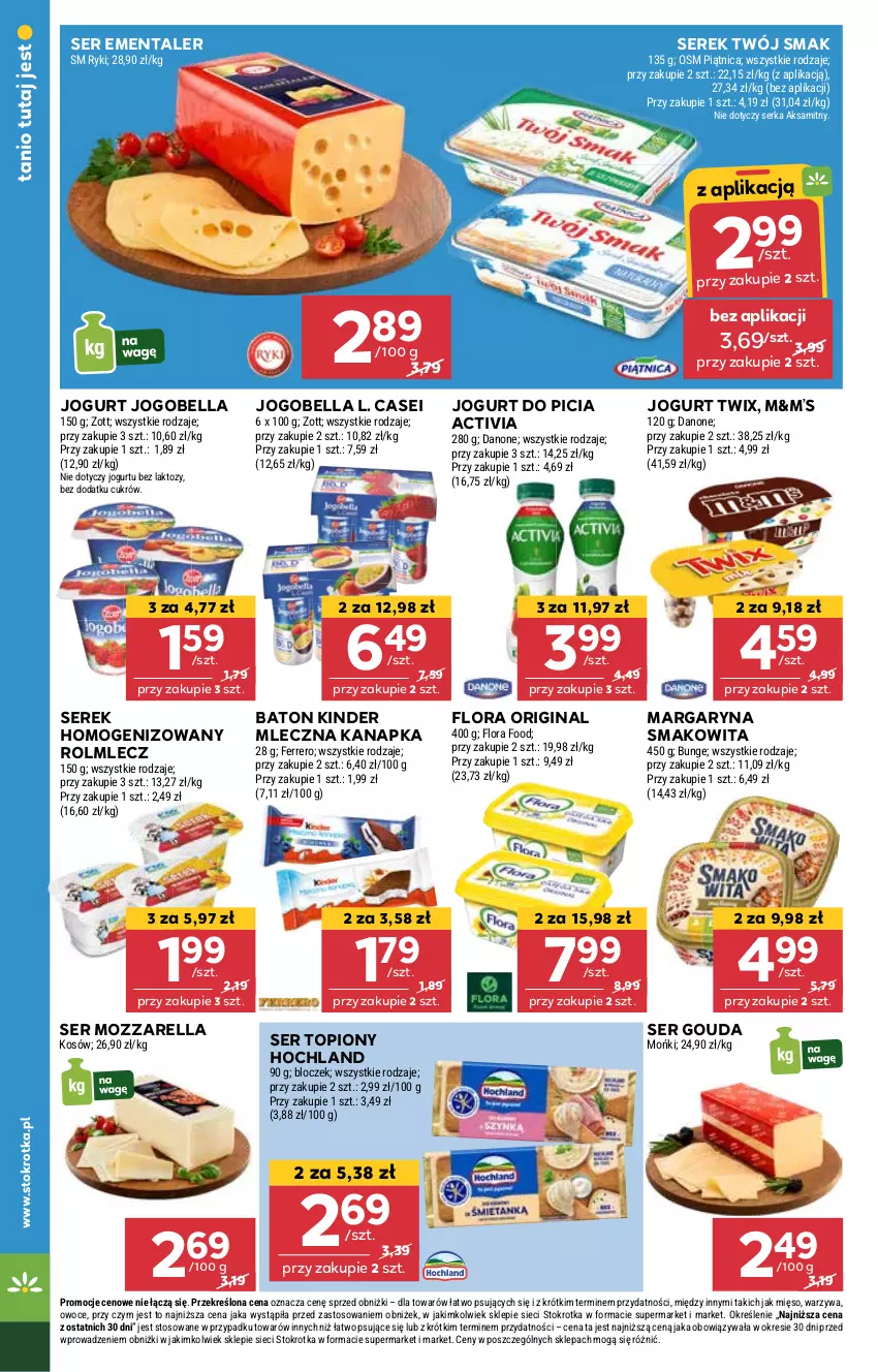 Gazetka promocyjna Stokrotka - Supermarket Opole/Radom - ważna 27.02 do 05.03.2025 - strona 12 - produkty: Activia, Aksam, Baton, Bell, Bella, Ementaler, Flora, Gin, Gouda, Hochland, Jogobella, Jogurt, Kinder, Margaryna, Mięso, Mleczna kanapka, Mozzarella, Owoce, Rolmlecz, Ser, Ser topiony, Serek, Serek homogenizowany, Smakowita, Top, Twix, Twój Smak, Warzywa, Zott