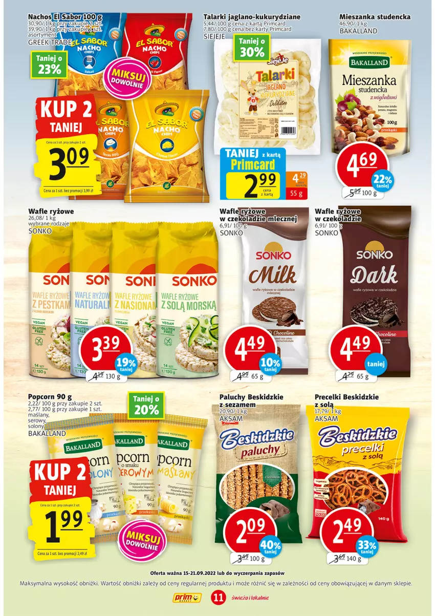 Gazetka promocyjna Prim Market - ważna 15.09 do 21.09.2022 - strona 11 - produkty: Aksam, Bakalland, Beskidzki, Miecz, Mieszanka studencka, Popcorn, Precelki, Ryż, Ser, Sezam, Sok, Sonko, Wafle