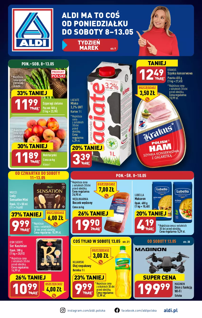 Gazetka promocyjna Aldi - Pełen katalog - ważna 08.05 do 13.05.2023 - strona 1 - produkty: Bell, Bella, Boczek, Dron, Fa, Gin, Gra, Kasztelan, Krakus, Kujawski, Lody, Lubella, Makaron, Mleko, Nektar, Olej, Olej rzepakowy, Sati, Ser, Ser Kasztelan, Szynka, Szynka konserwowa