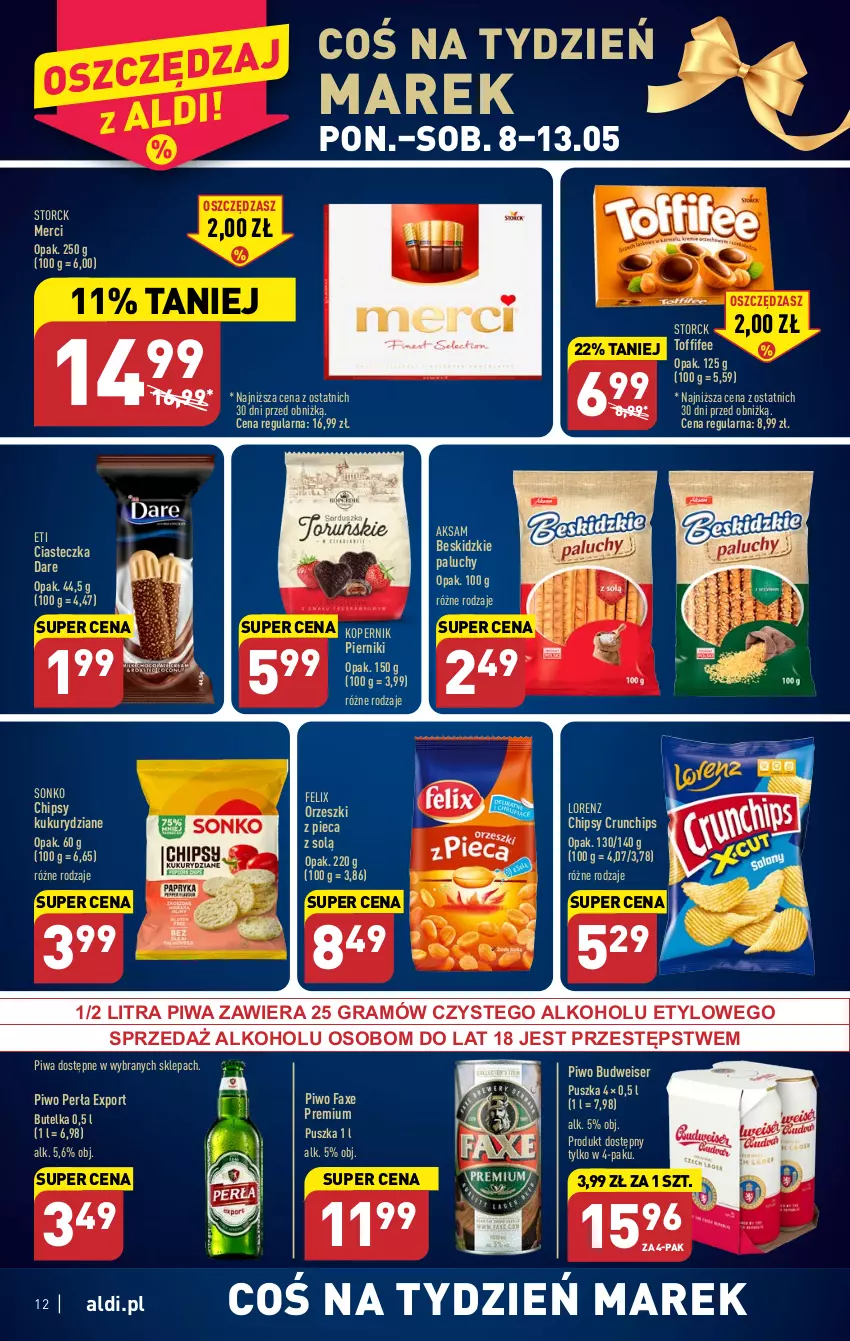 Gazetka promocyjna Aldi - Pełen katalog - ważna 08.05 do 13.05.2023 - strona 12 - produkty: Aksam, Beskidzki, Chipsy, Crunchips, Fa, Felix, Gra, Lorenz, Merci, Orzeszki, Perła, Piec, Piernik, Piwa, Piwo, Por, Ser, Sonko, Toffifee