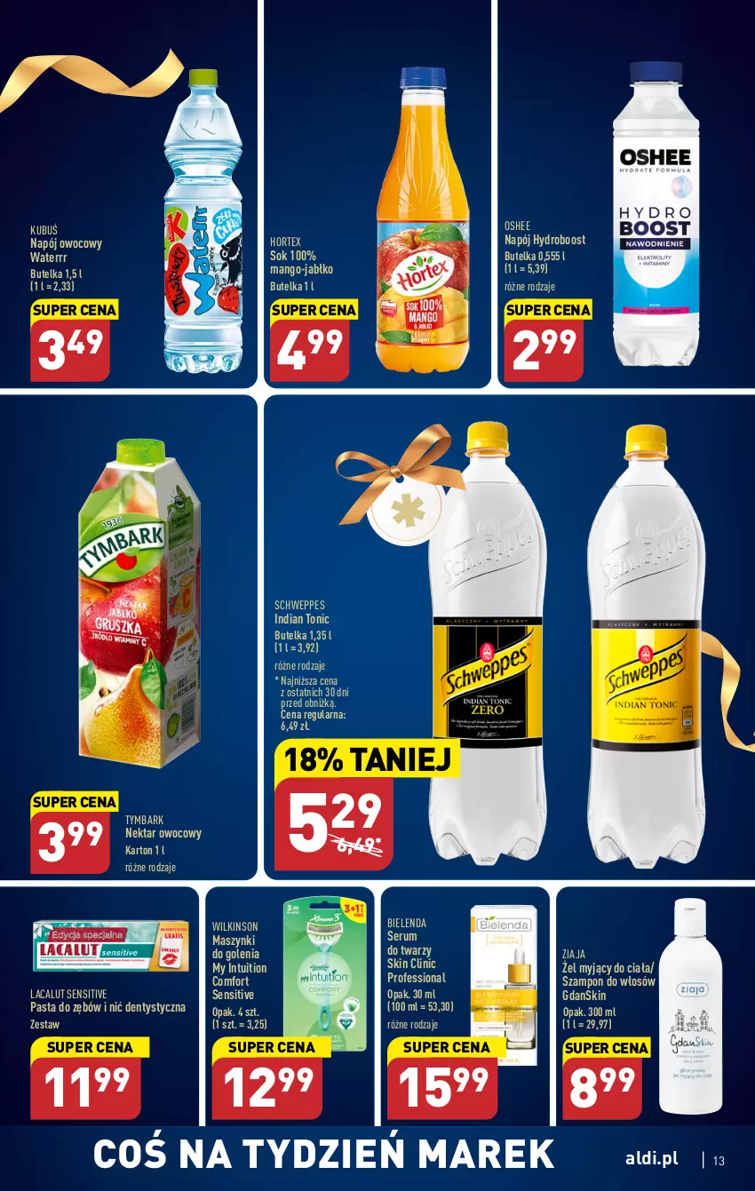 Gazetka promocyjna Aldi - Pełen katalog - ważna 08.05 do 13.05.2023 - strona 13 - produkty: Bielenda, Clin, Hortex, Kubuś, Lacalut, Mango, Napój, Nektar, Nić dentystyczna, Oshee, Pasta do zębów, Rum, Schweppes, Ser, Serum, Serum do twarzy, Sok, Szampon, Tymbark, Ziaja