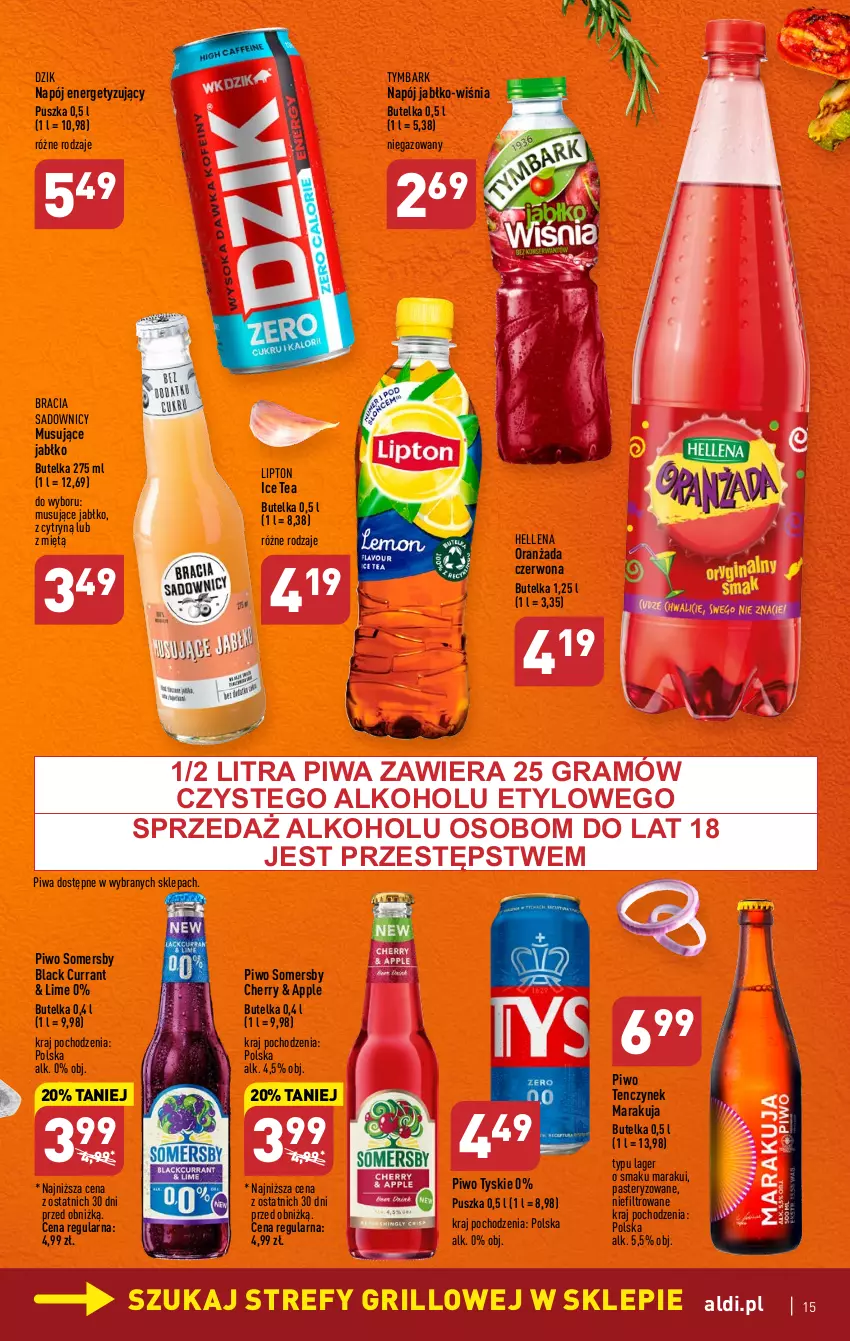 Gazetka promocyjna Aldi - Pełen katalog - ważna 08.05 do 13.05.2023 - strona 15 - produkty: Gra, Grill, Hellena, Ice tea, Lack, Lipton, Mus, Napój, Oranżada, Piwa, Piwo, Somersby, Tymbark, Tyskie