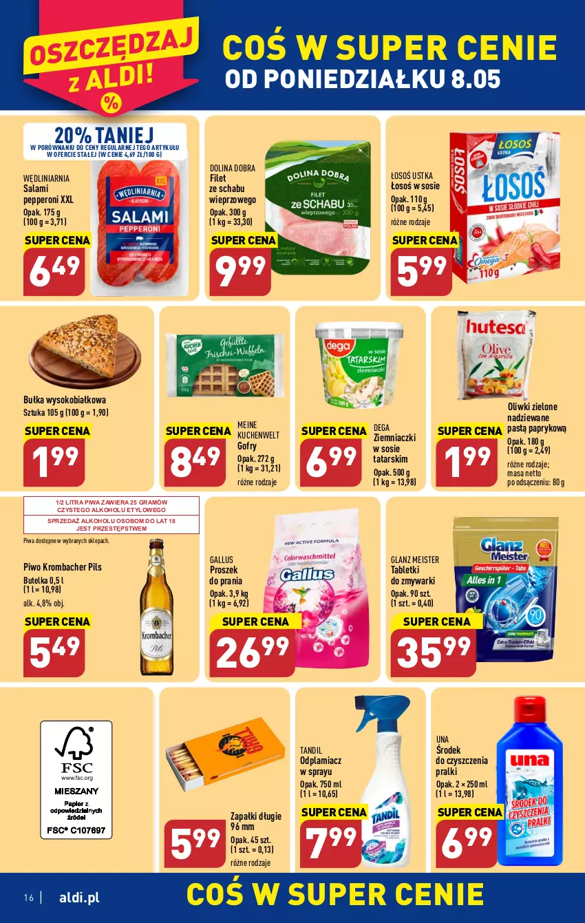 Gazetka promocyjna Aldi - Pełen katalog - ważna 08.05 do 13.05.2023 - strona 16 - produkty: Bułka, Dega, Gofry, Gra, Odplamiacz, Oliwki, Oliwki zielone, Piwa, Piwo, Por, Pralki, Proszek do prania, Salami, Sok, Sos, Tablet, Tabletki do zmywarki, Zmywarki