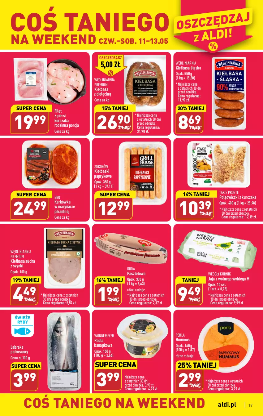 Gazetka promocyjna Aldi - Pełen katalog - ważna 08.05 do 13.05.2023 - strona 17 - produkty: Duda, Filet z piersi kurczaka, Hummus, Jaja, Jaja z wolnego wybiegu, Kiełbasa, Kiełbasa śląska, Kurczak, Mus, Pasztet, Polędwiczki z kurczaka, Por, Sok, Sokołów