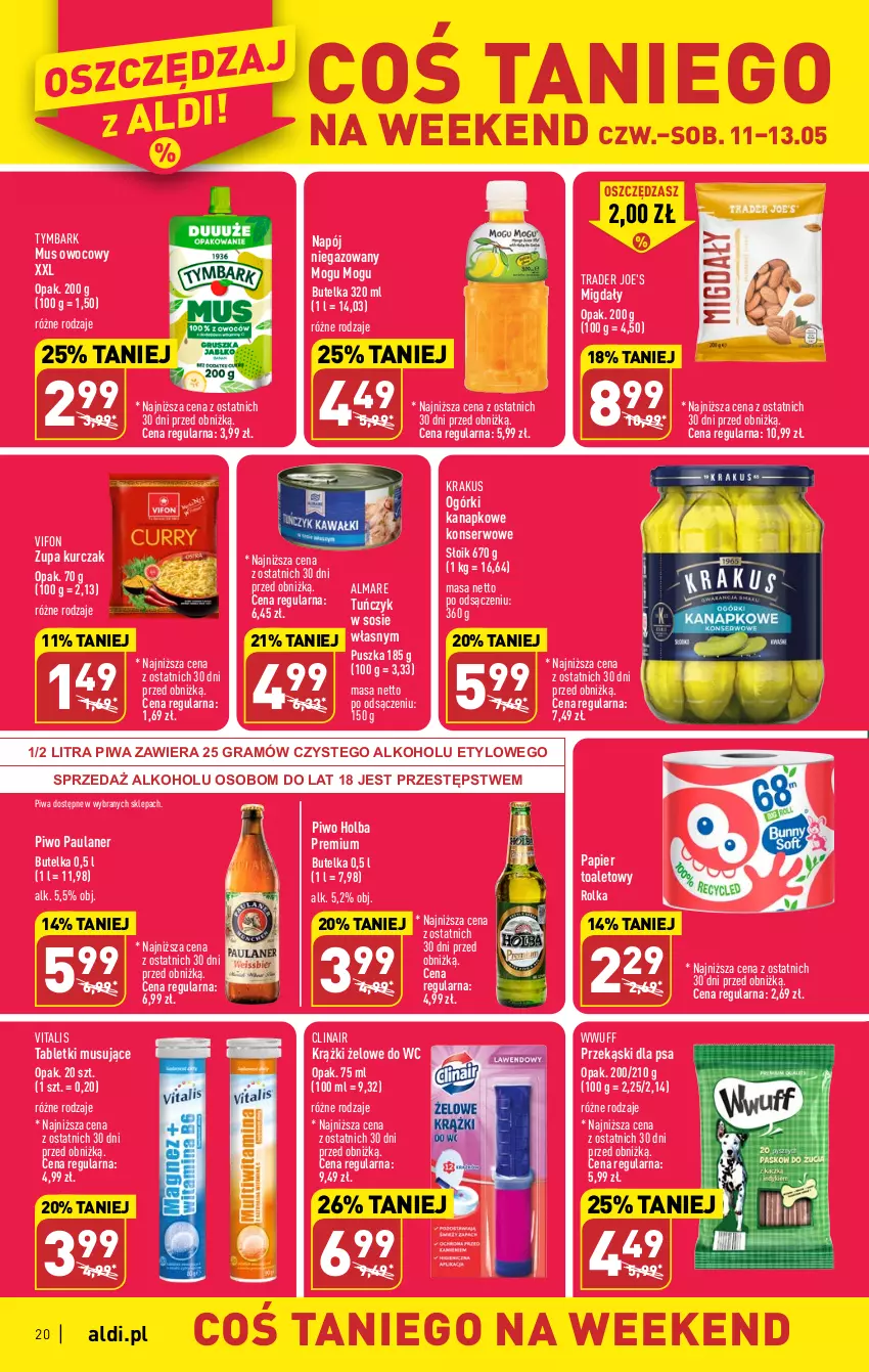 Gazetka promocyjna Aldi - Pełen katalog - ważna 08.05 do 13.05.2023 - strona 20 - produkty: Clin, Gra, Krakus, Kurczak, Migdały, Mus, Napój, Napój niegazowany, Papier, Papier toaletowy, Piwa, Piwo, Przekąski dla psa, Ser, Sos, Tablet, Tabletki musujące, Tuńczyk, Tymbark, Zupa