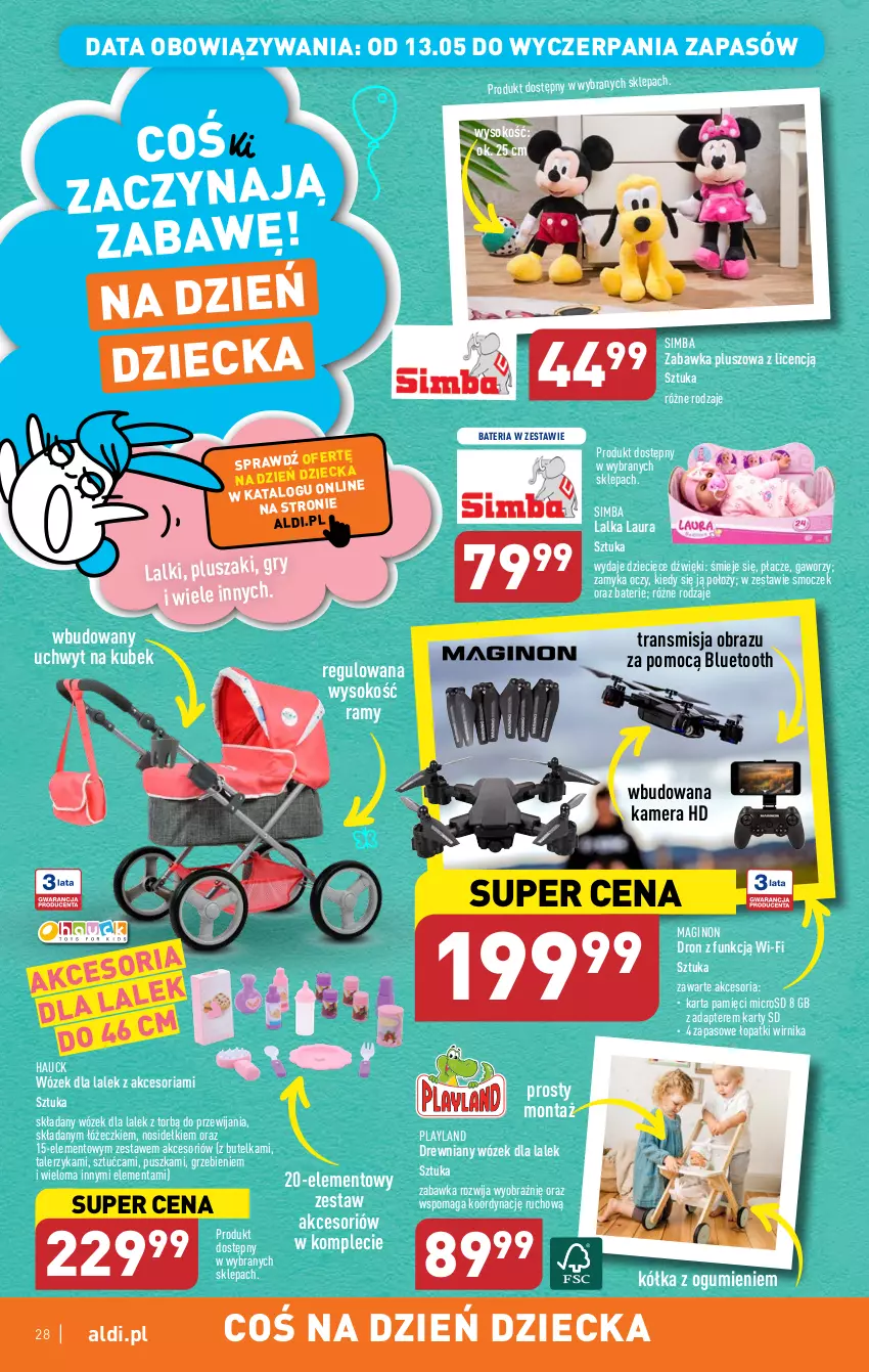 Gazetka promocyjna Aldi - Pełen katalog - ważna 08.05 do 13.05.2023 - strona 28 - produkty: Bateria, Dron, Dzieci, Gin, Kamera, Karta pamięci, Kubek, Lalka, Laur, Obraz, Pluszak, Sok, Talerz, Talerzyk, Tran, Wózek, Zabawka