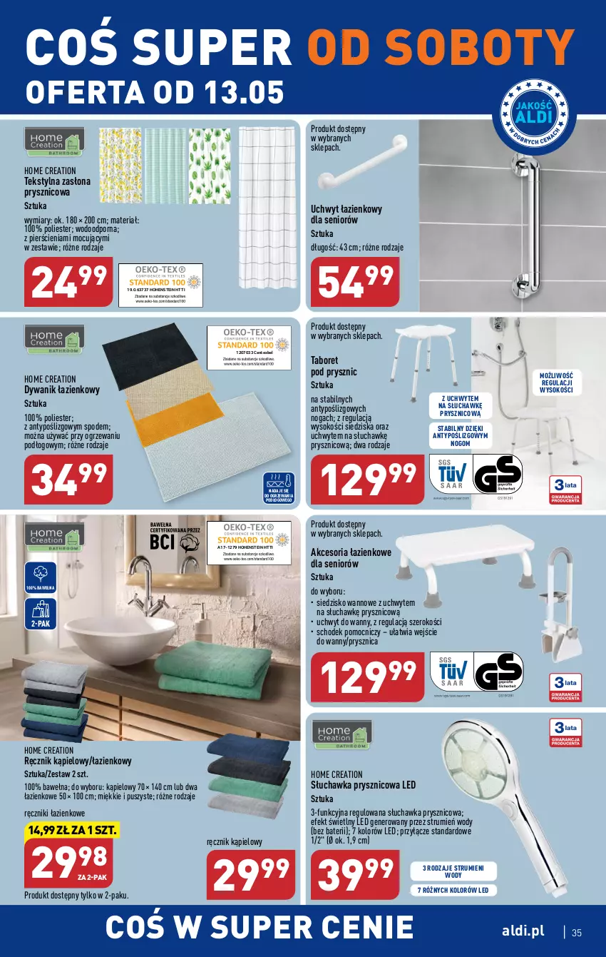 Gazetka promocyjna Aldi - Pełen katalog - ważna 08.05 do 13.05.2023 - strona 35 - produkty: Dywan, Dywanik, Dywanik łazienkowy, Por, Ręcznik, Ręcznik kąpielowy, Rum, Siedzisko, Słuchawka prysznicowa, Sok, Taboret, Wełna, Zasłona, Zasłona prysznicowa