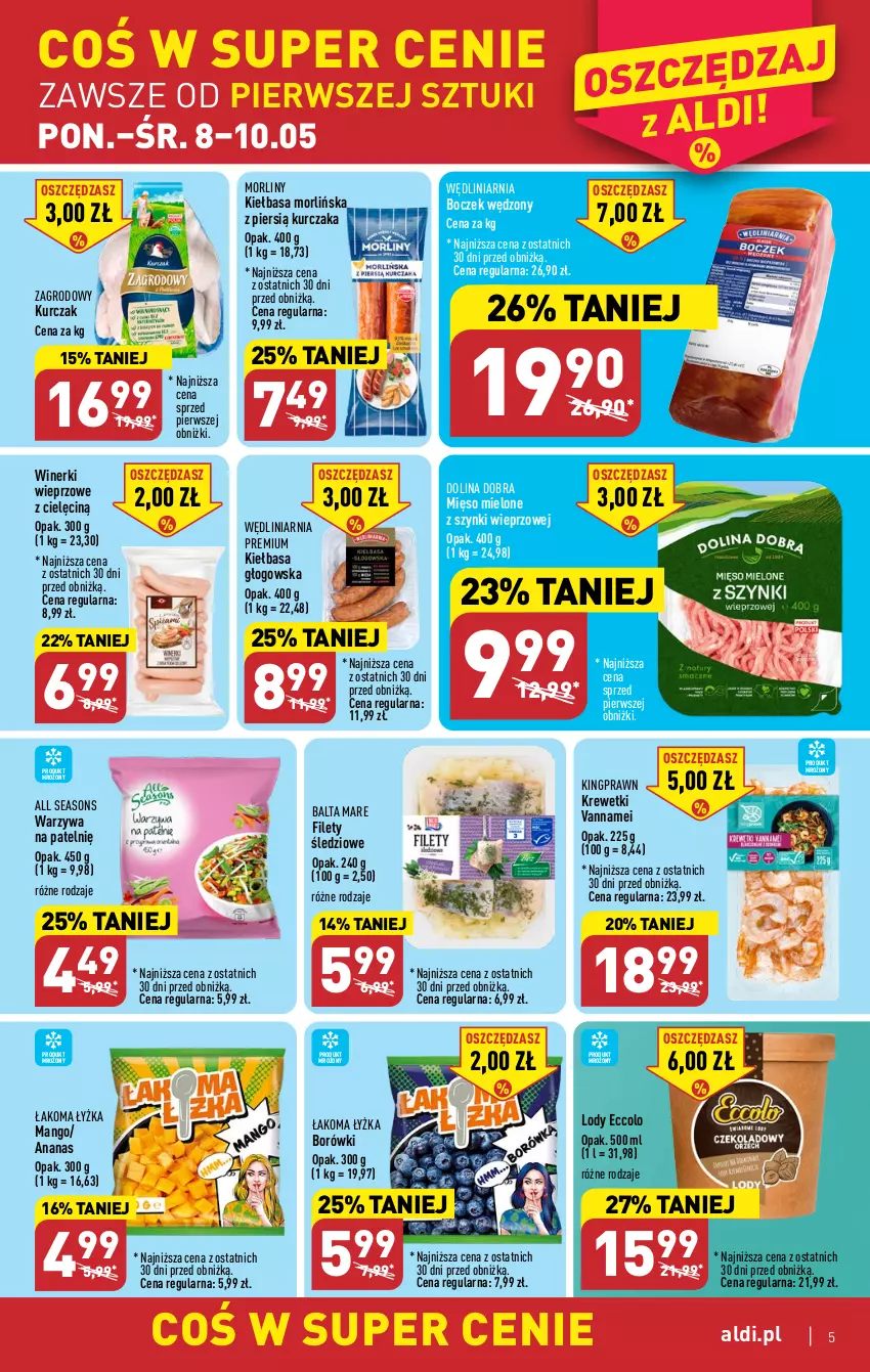 Gazetka promocyjna Aldi - Pełen katalog - ważna 08.05 do 13.05.2023 - strona 5 - produkty: All Seasons, Ananas, Balta Mare, Boczek, Kiełbasa, Kiełbasa głogowska, Krewetki, Kurczak, Lody, Mango, Mięso, Mięso mielone, Mięso mielone z szynki, Morliny, Warzywa