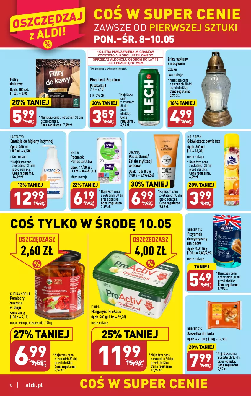 Gazetka promocyjna Aldi - Pełen katalog - ważna 08.05 do 13.05.2023 - strona 8 - produkty: Bell, Bella, Butcher's, Emulsja, Flora, Gra, Joanna, Lactacyd, Lech Premium, Margaryna, Odświeżacz powietrza, Olej, Perfecta, Piwa, Piwo, Podpaski, Pomidory, Znicz