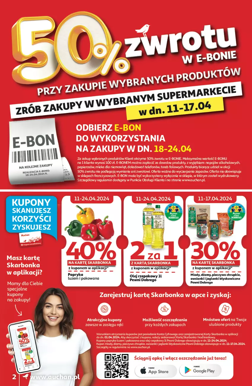 Gazetka promocyjna Auchan - Gazetka Oferty tygodnia! Moje Auchan - ważna 11.04 do 17.04.2024 - strona 2 - produkty: Chrupki, Dżem, Lanki, Olej, Papryka, Piec, Pieczywo, Pieczywo chrupkie