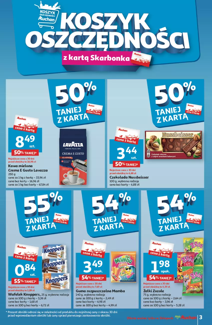 Gazetka promocyjna Auchan - Gazetka Oferty tygodnia! Moje Auchan - ważna 11.04 do 17.04.2024 - strona 3 - produkty: Czekolada, Guma rozpuszczalna, Kawa, Kawa mielona, Knoppers, Lavazza, Mamba, Ser, Wafelek