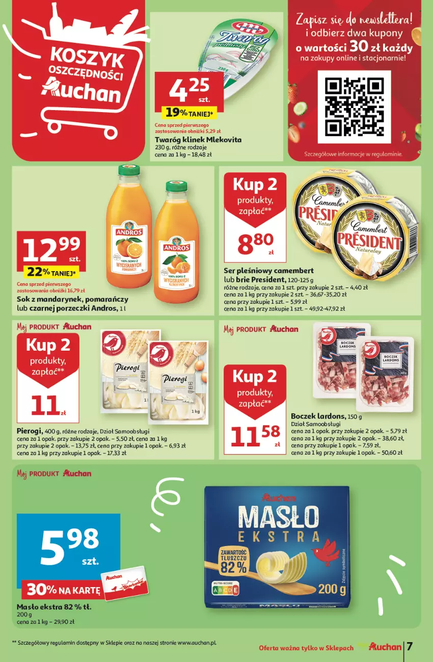 Gazetka promocyjna Auchan - Gazetka Oferty tygodnia! Moje Auchan - ważna 11.04 do 17.04.2024 - strona 7 - produkty: Boczek, Brie, Camembert, Masło, Mleko, Mlekovita, Pierogi, Por, Ser, Ser pleśniowy, Sok, Twaróg