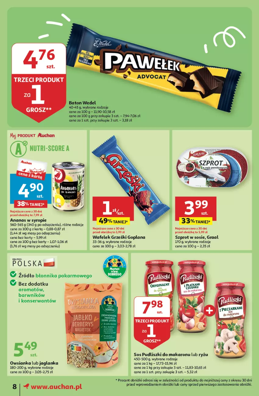 Gazetka promocyjna Auchan - Gazetka Oferty tygodnia! Moje Auchan - ważna 11.04 do 17.04.2024 - strona 8 - produkty: Ananas, Baton, Goplana, Gra, Graal, Grześki, Jaglanka, LANA, Makaron, Owsianka, Pudliszki, Ryż, Sos, Syrop, Szprot, Szprot w sosie, Wafelek