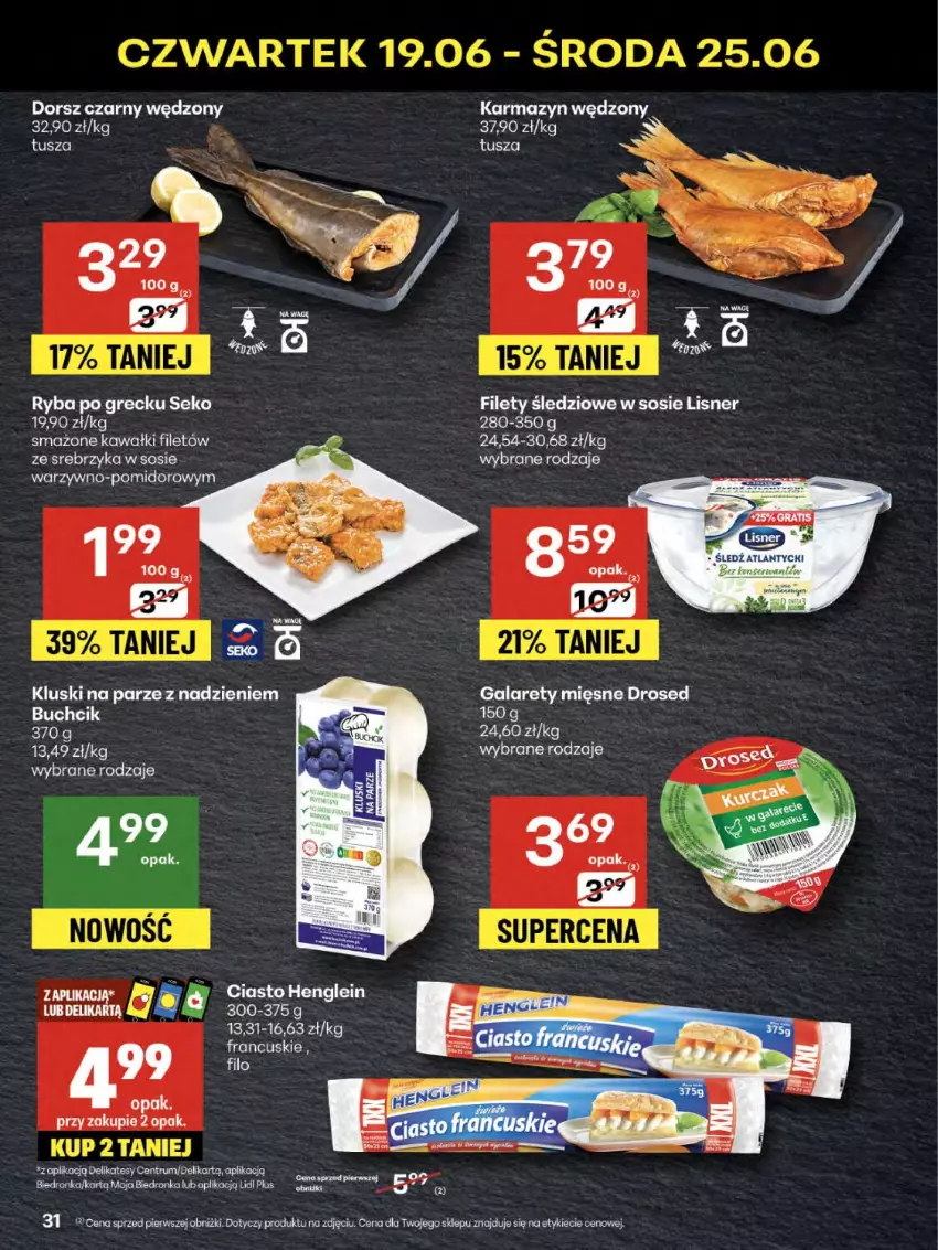 Gazetka promocyjna Delikatesy Centrum - Franczyza DC25 Czwartek - ważna 19.06 do 25.06.2025 - strona 31 - produkty: Gala, Karmazyn wędzony, Kawa, Kluski na parze, LG, Lisner, Rum, Ryba, Ryba po grecku, SEKO, Sos, Tusz