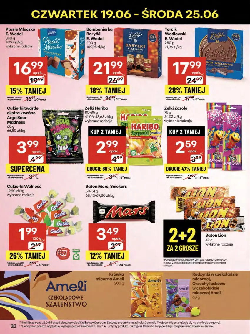 Gazetka promocyjna Delikatesy Centrum - Franczyza DC25 Czwartek - ważna 19.06 do 25.06.2025 - strona 33 - produkty: Baryłki, Baton, Cukier, Cukierki, E. Wedel, Haribo, Lion, Mars, Mleczko, Ptasie mleczko, Rodzynki, Rum, Snickers, Szal