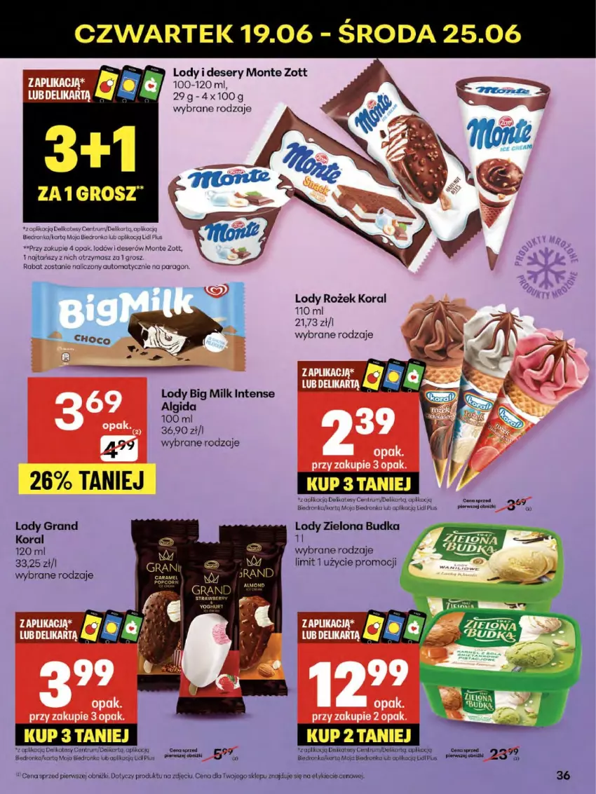 Gazetka promocyjna Delikatesy Centrum - Franczyza DC25 Czwartek - ważna 19.06 do 25.06.2025 - strona 36 - produkty: Algida, Big Milk, Deser, Dron, Gra, Koc, LG, Lody, Monte, Orka, Rum, Ser, Zielona Budka, Zott